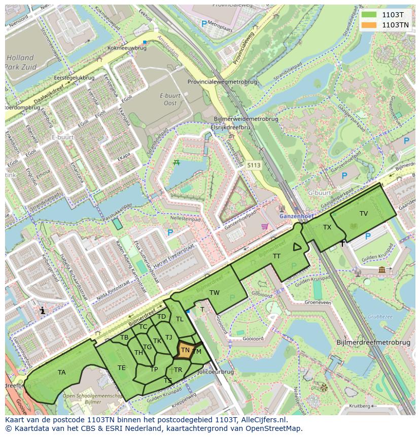 Afbeelding van het postcodegebied 1103 TN op de kaart.