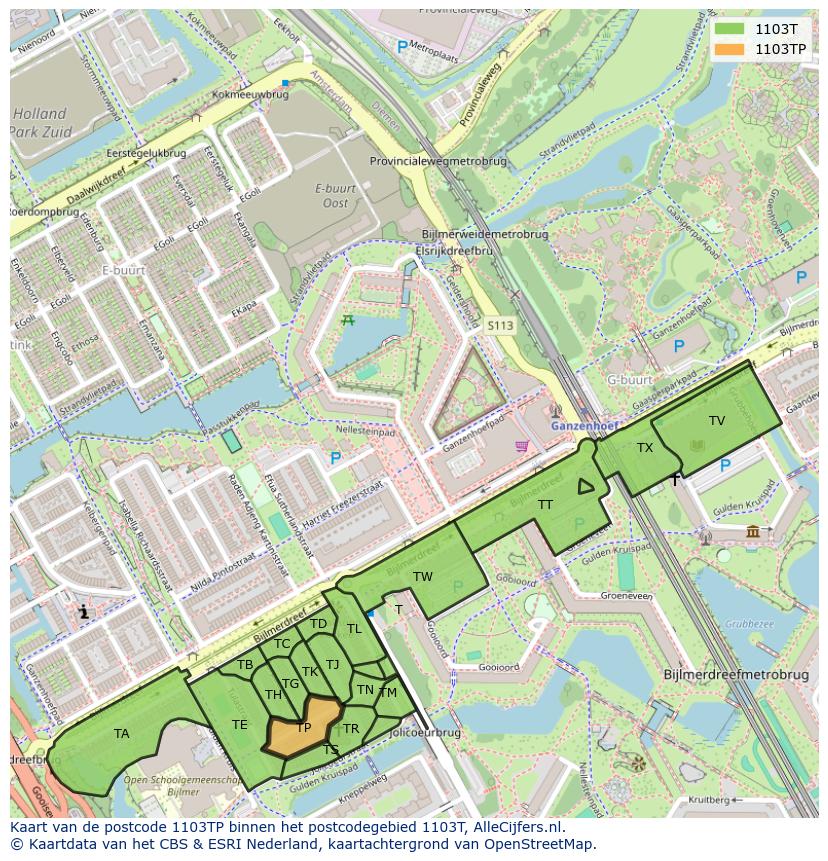Afbeelding van het postcodegebied 1103 TP op de kaart.