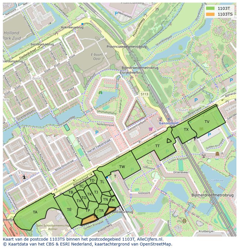 Afbeelding van het postcodegebied 1103 TS op de kaart.