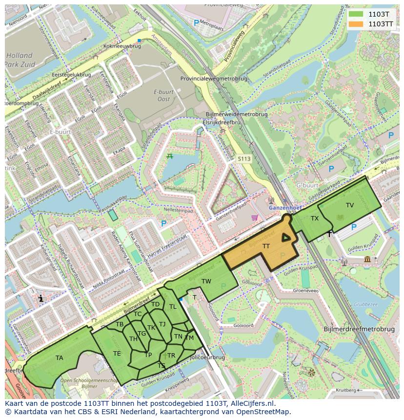Afbeelding van het postcodegebied 1103 TT op de kaart.