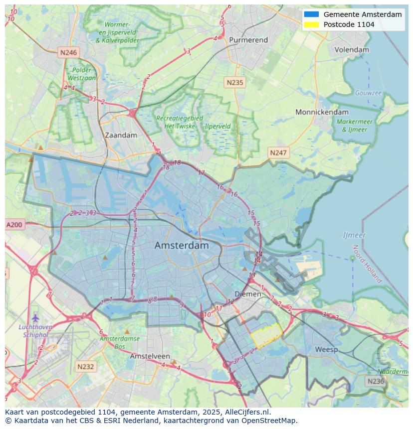 Afbeelding van het postcodegebied 1104 op de kaart.