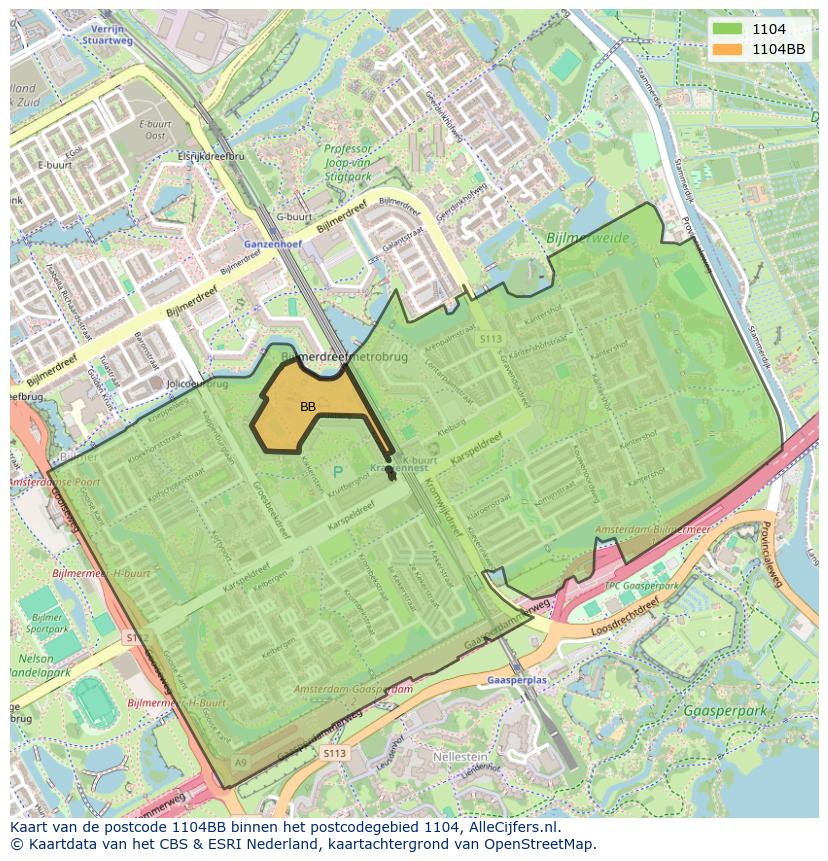 Afbeelding van het postcodegebied 1104 BB op de kaart.
