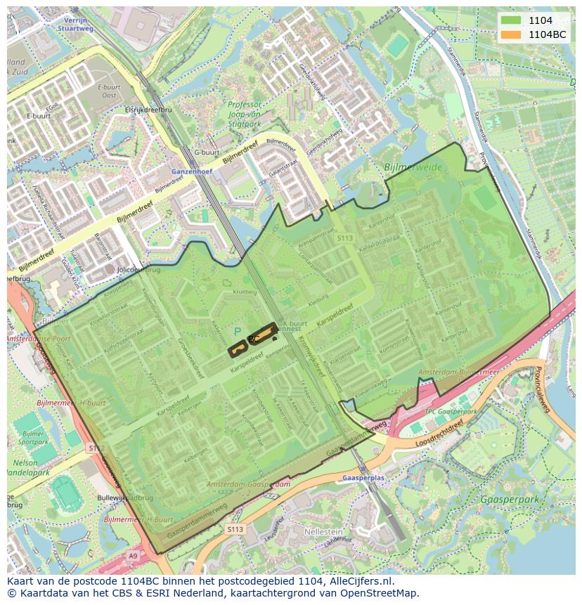 Afbeelding van het postcodegebied 1104 BC op de kaart.