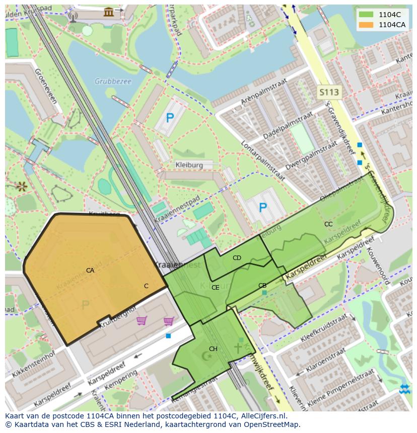Afbeelding van het postcodegebied 1104 CA op de kaart.