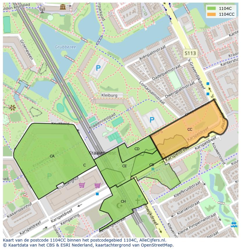 Afbeelding van het postcodegebied 1104 CC op de kaart.