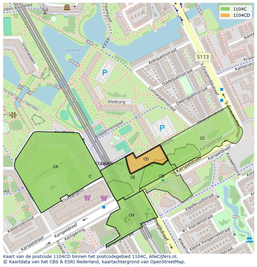 Afbeelding van het postcodegebied 1104 CD op de kaart.