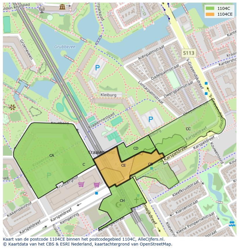 Afbeelding van het postcodegebied 1104 CE op de kaart.