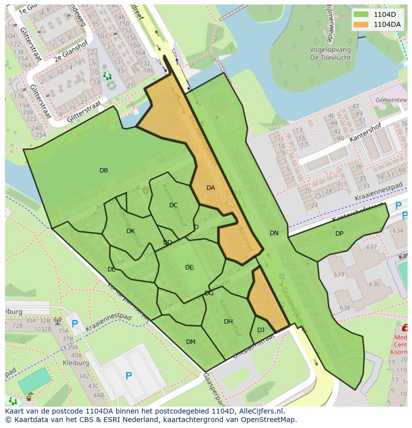 Afbeelding van het postcodegebied 1104 DA op de kaart.