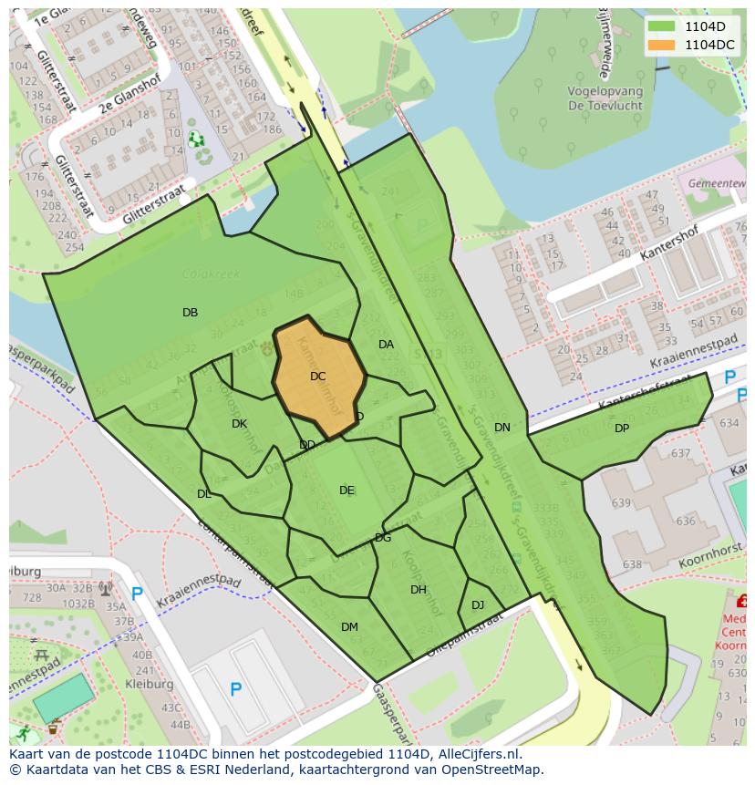 Afbeelding van het postcodegebied 1104 DC op de kaart.