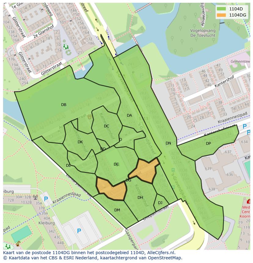 Afbeelding van het postcodegebied 1104 DG op de kaart.