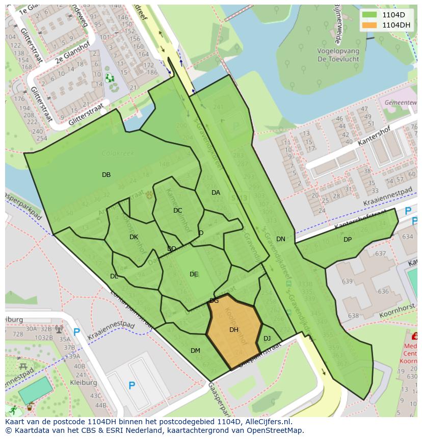 Afbeelding van het postcodegebied 1104 DH op de kaart.