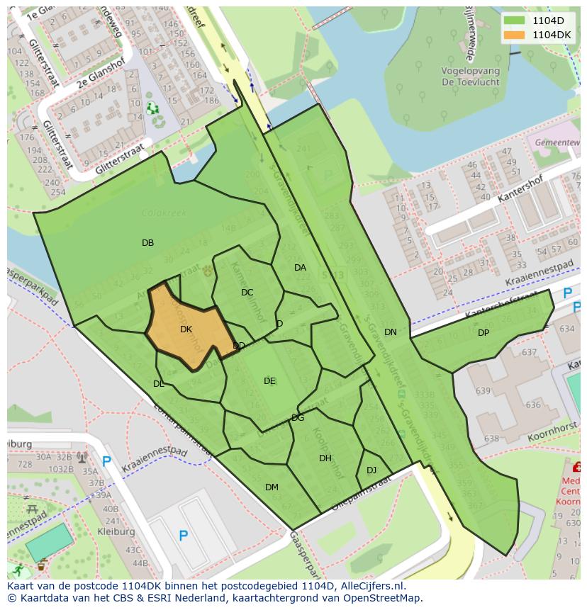 Afbeelding van het postcodegebied 1104 DK op de kaart.