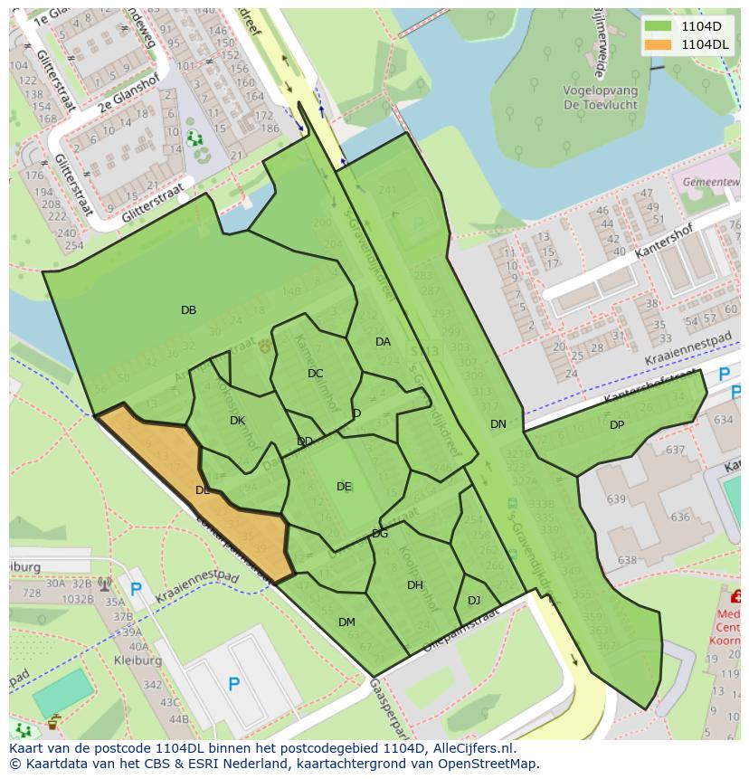 Afbeelding van het postcodegebied 1104 DL op de kaart.