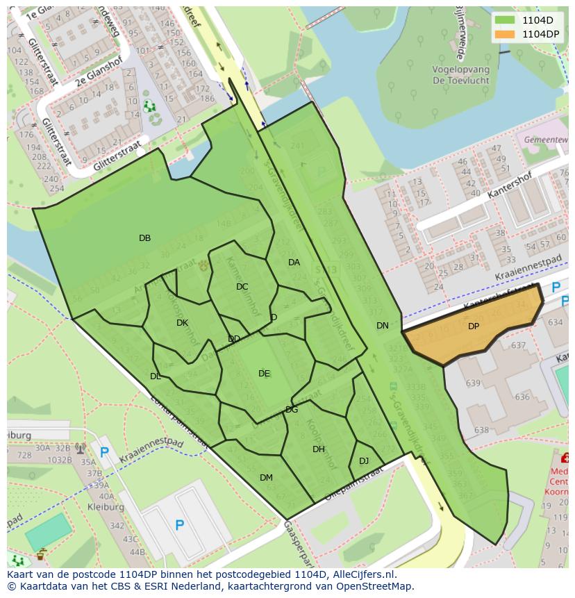 Afbeelding van het postcodegebied 1104 DP op de kaart.