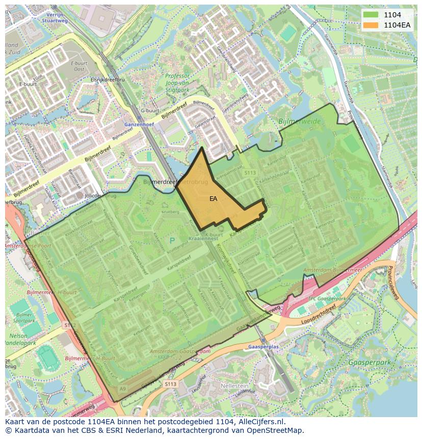 Afbeelding van het postcodegebied 1104 EA op de kaart.