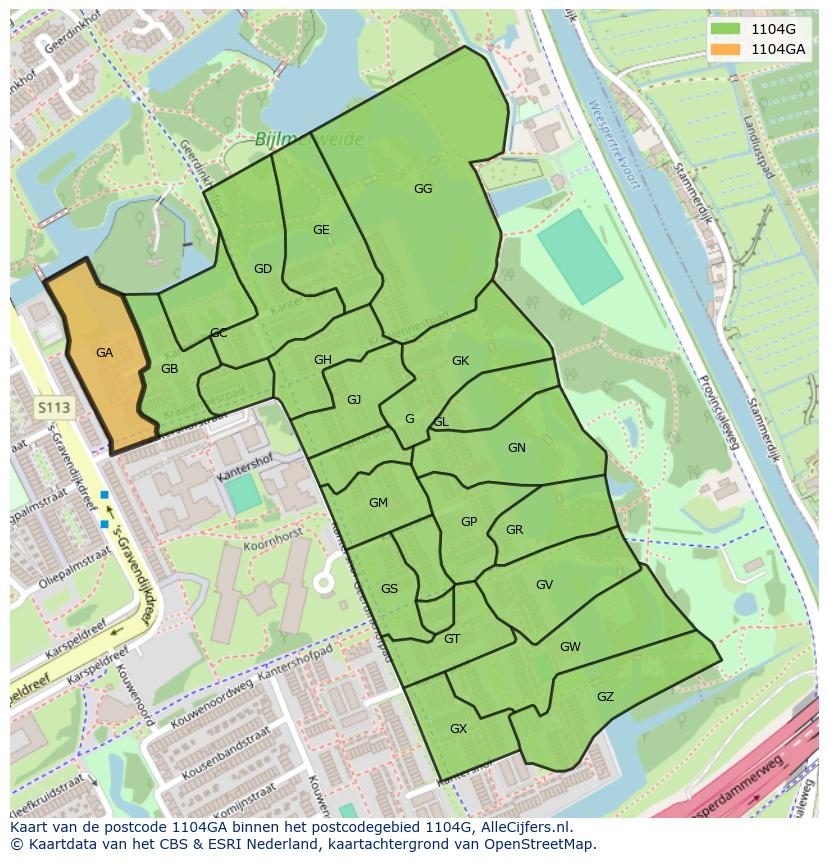 Afbeelding van het postcodegebied 1104 GA op de kaart.