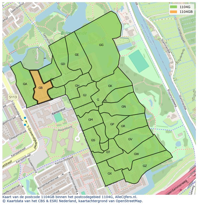 Afbeelding van het postcodegebied 1104 GB op de kaart.