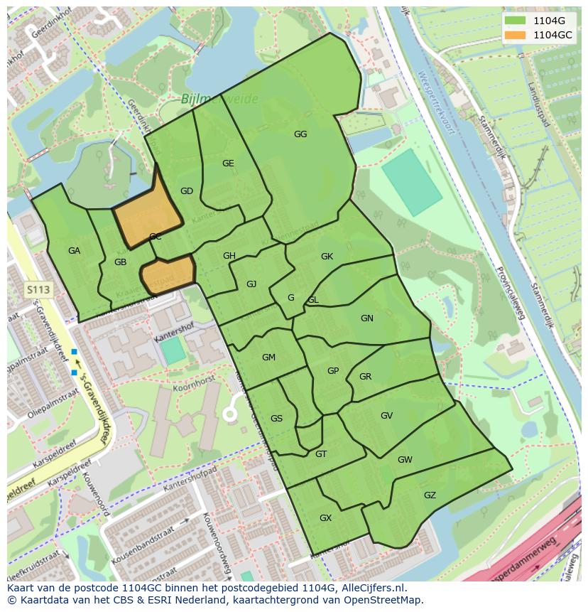 Afbeelding van het postcodegebied 1104 GC op de kaart.