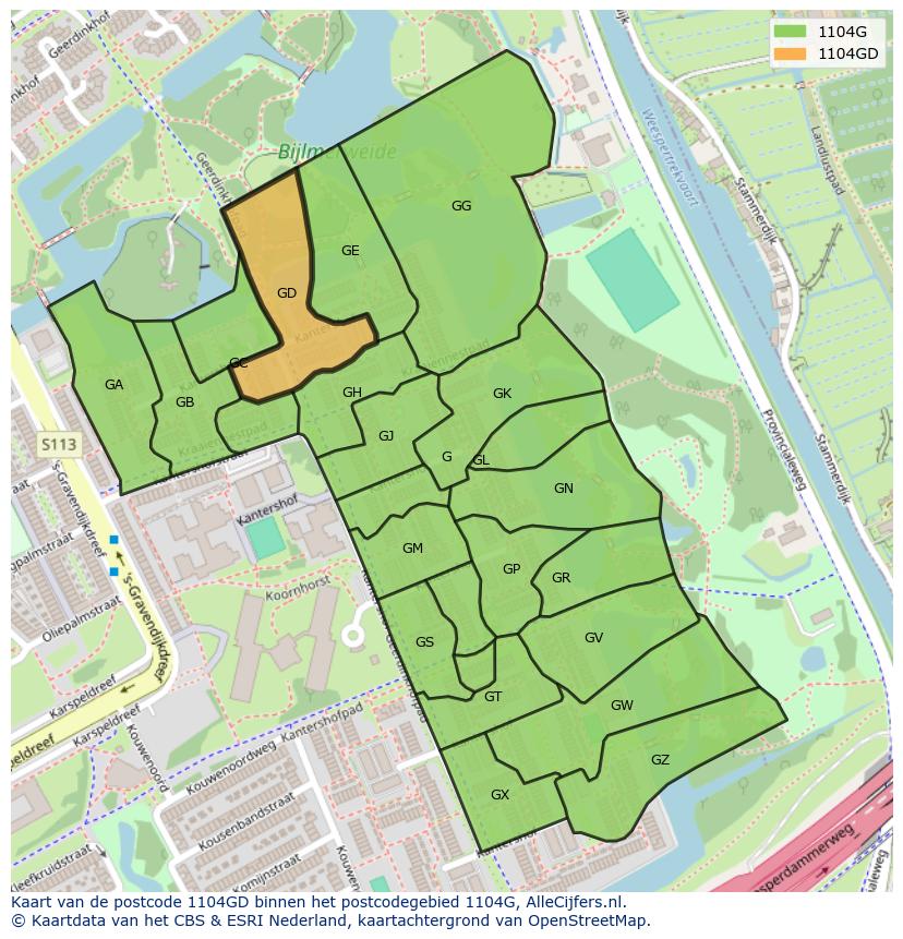 Afbeelding van het postcodegebied 1104 GD op de kaart.