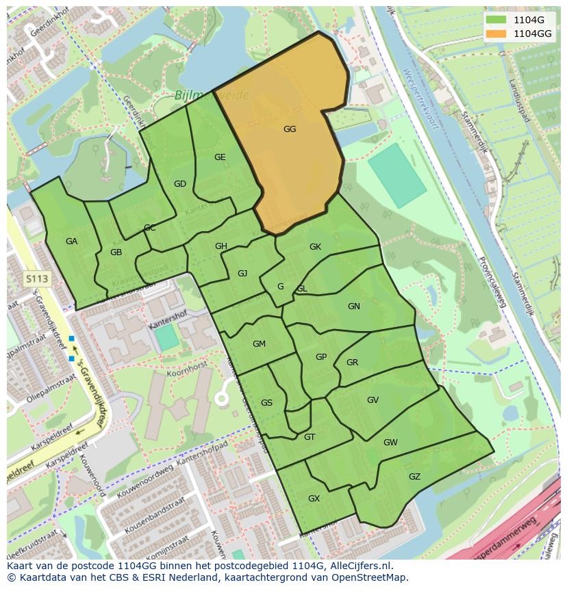 Afbeelding van het postcodegebied 1104 GG op de kaart.