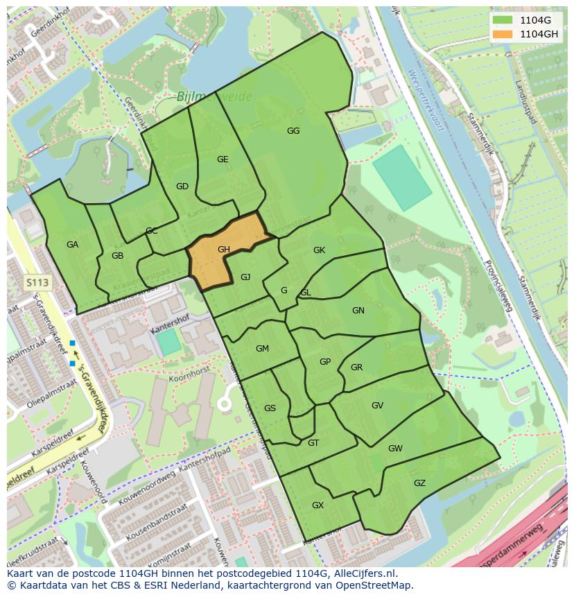 Afbeelding van het postcodegebied 1104 GH op de kaart.