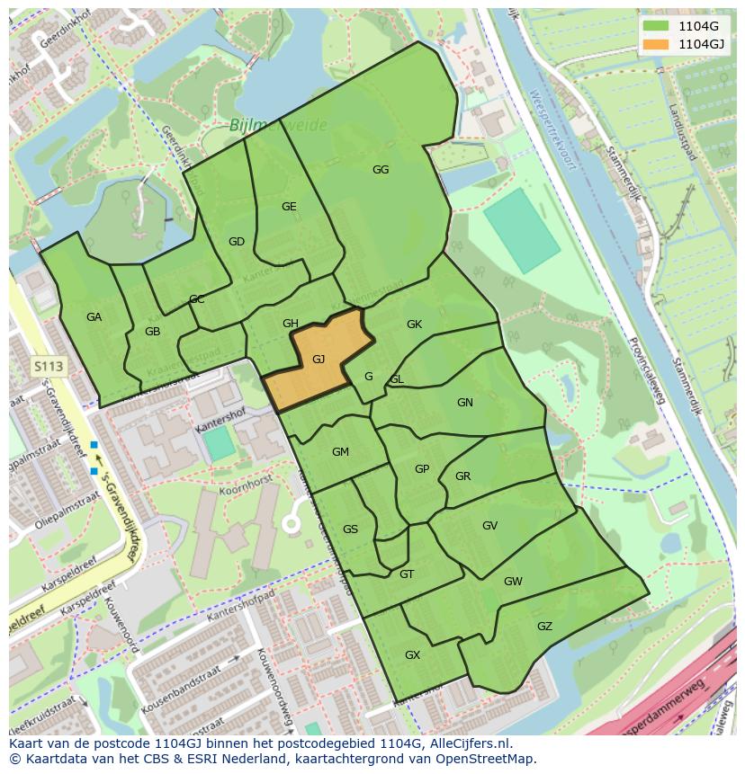 Afbeelding van het postcodegebied 1104 GJ op de kaart.