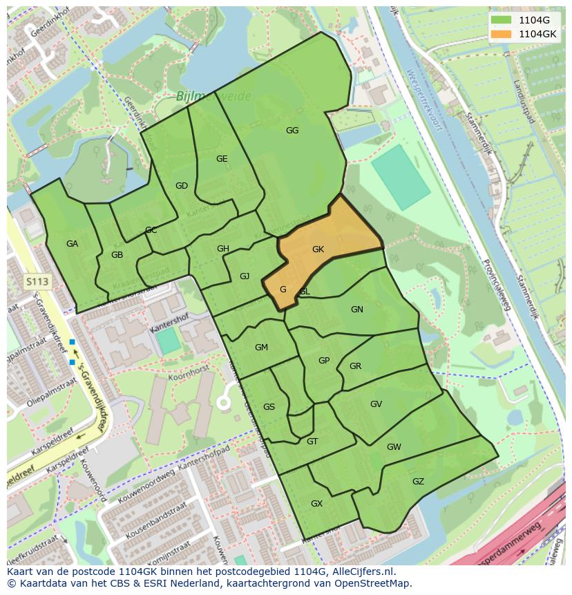 Afbeelding van het postcodegebied 1104 GK op de kaart.