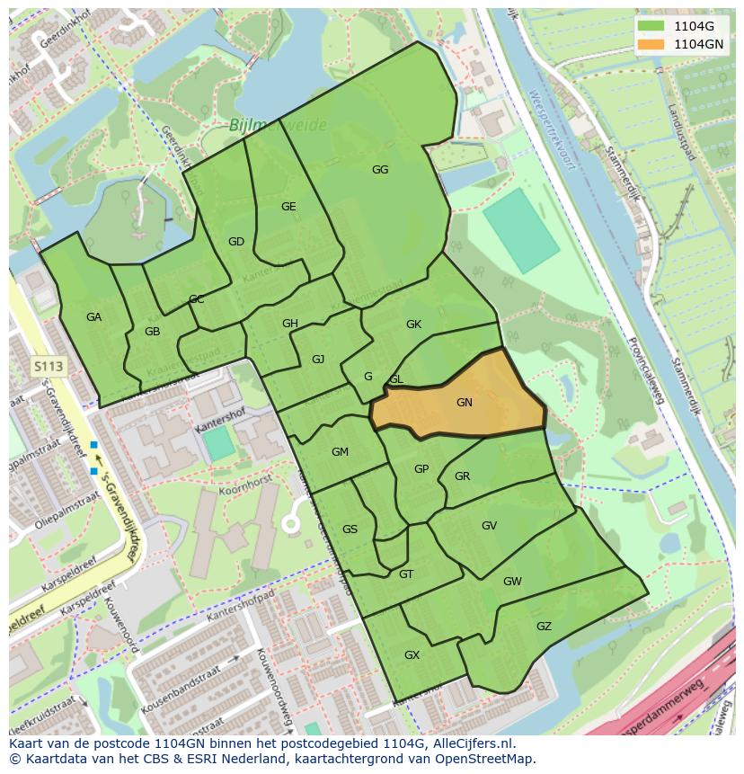 Afbeelding van het postcodegebied 1104 GN op de kaart.