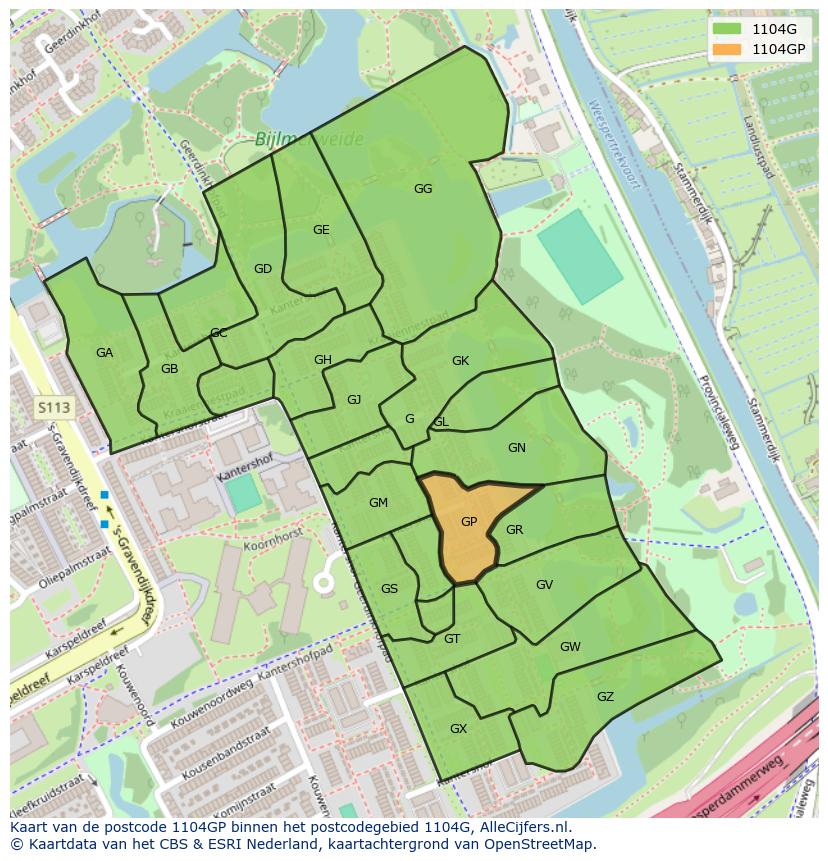 Afbeelding van het postcodegebied 1104 GP op de kaart.