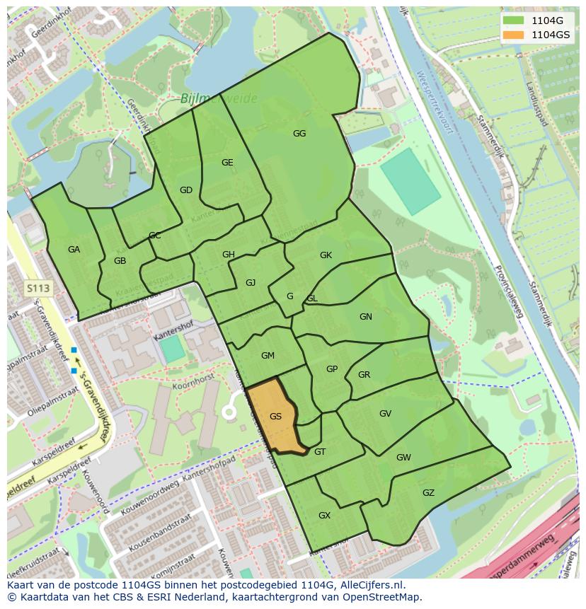 Afbeelding van het postcodegebied 1104 GS op de kaart.