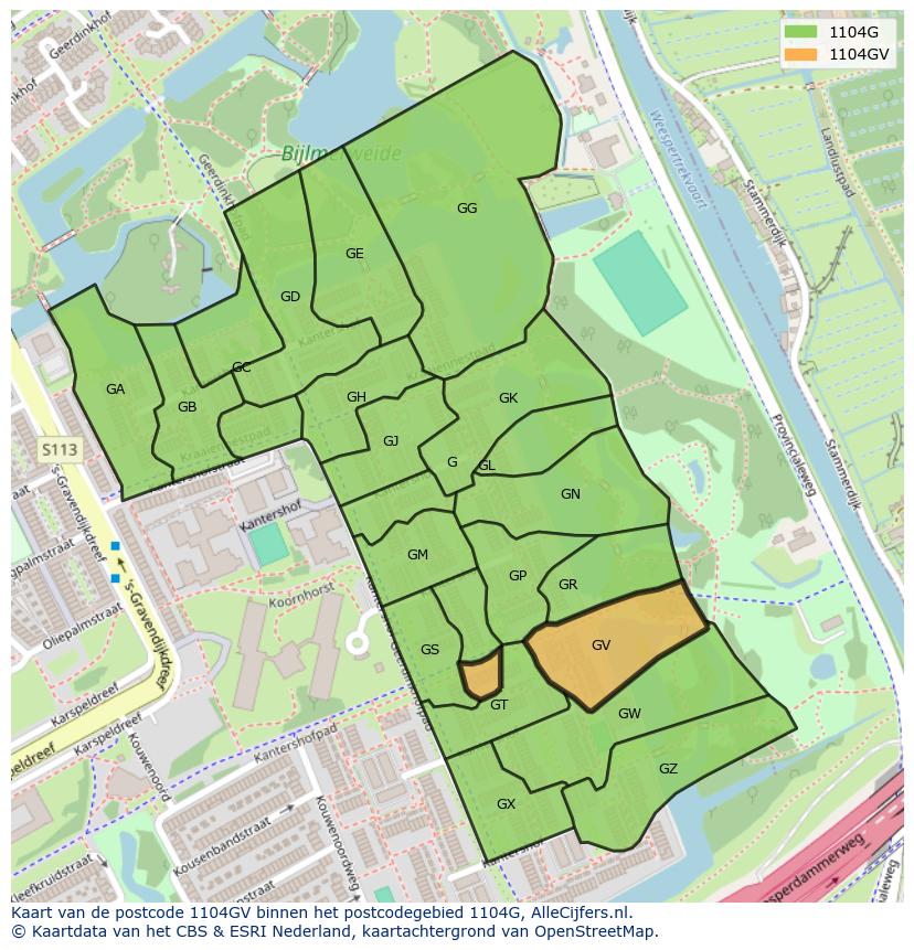 Afbeelding van het postcodegebied 1104 GV op de kaart.