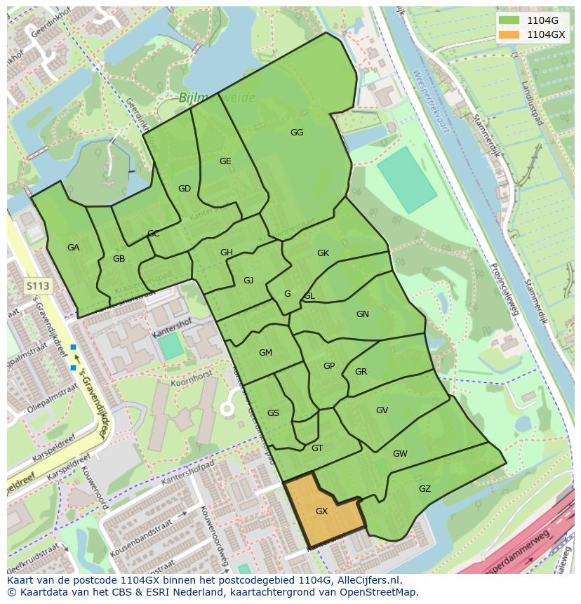 Afbeelding van het postcodegebied 1104 GX op de kaart.