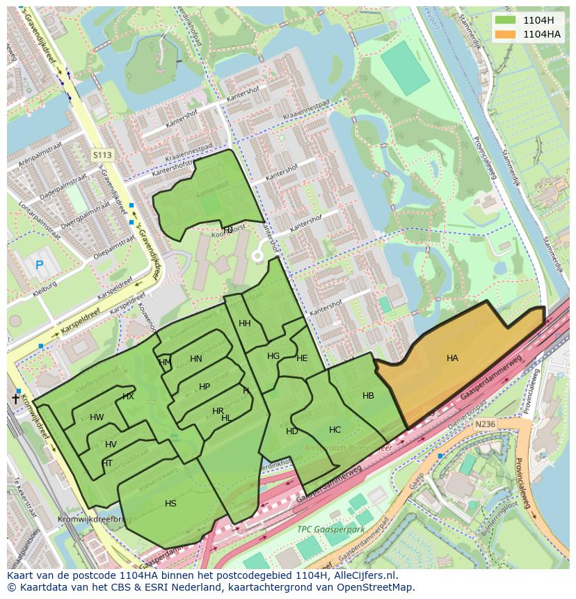Afbeelding van het postcodegebied 1104 HA op de kaart.