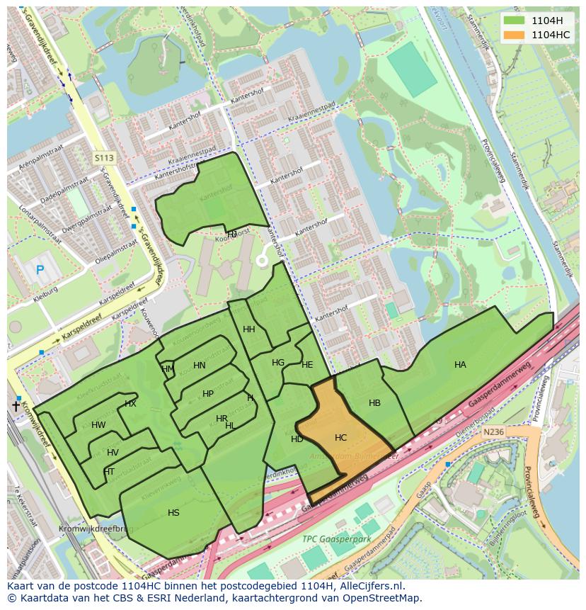Afbeelding van het postcodegebied 1104 HC op de kaart.