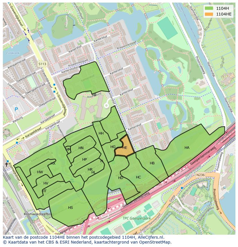 Afbeelding van het postcodegebied 1104 HE op de kaart.