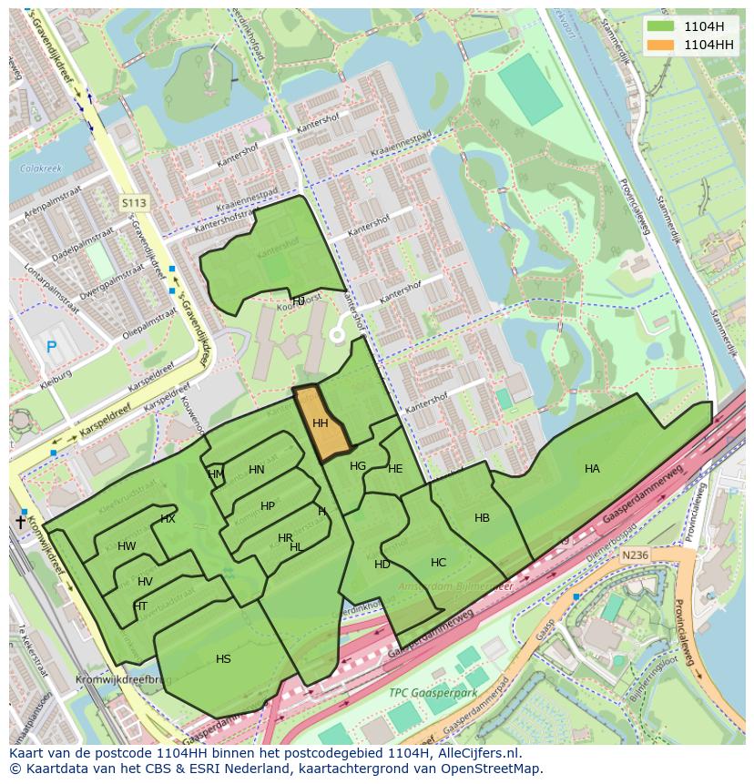 Afbeelding van het postcodegebied 1104 HH op de kaart.