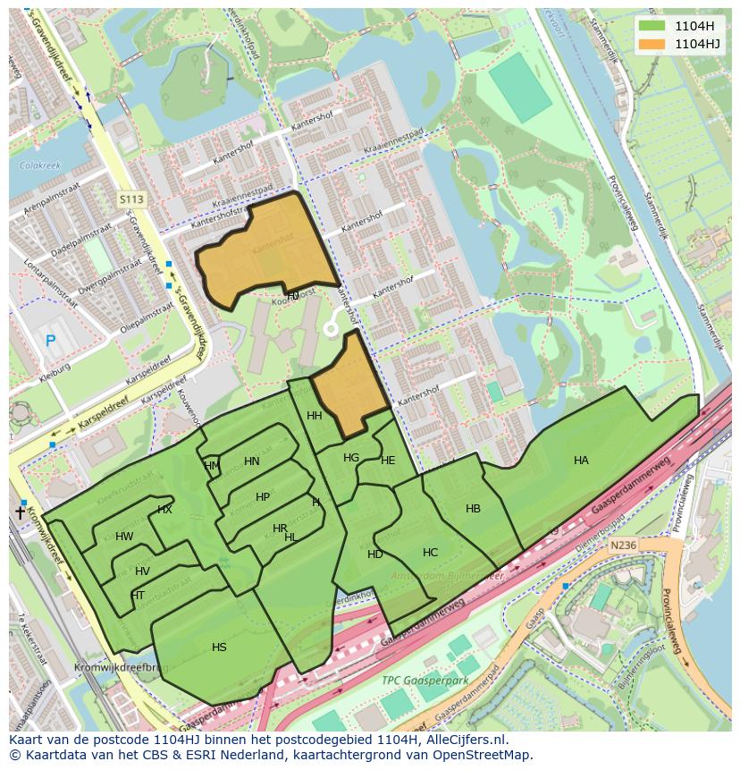 Afbeelding van het postcodegebied 1104 HJ op de kaart.
