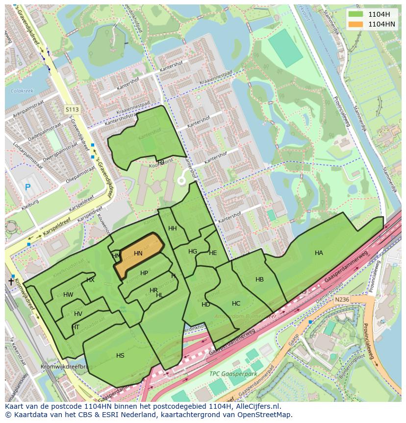 Afbeelding van het postcodegebied 1104 HN op de kaart.