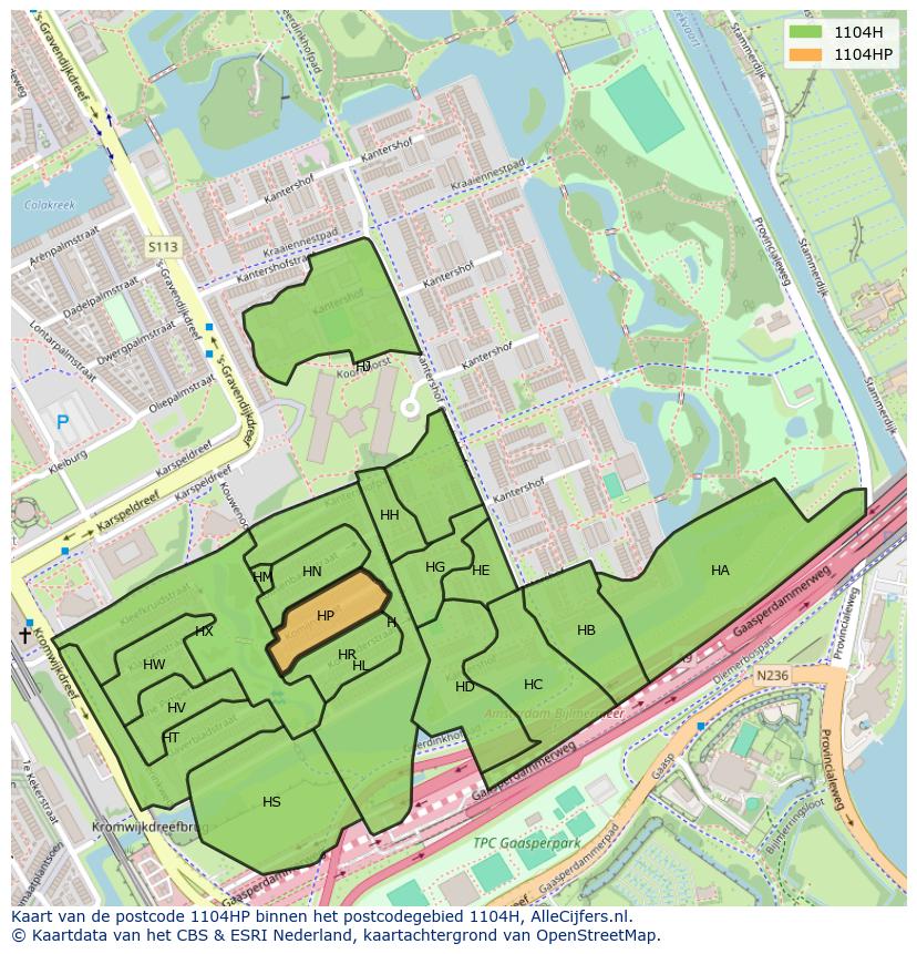 Afbeelding van het postcodegebied 1104 HP op de kaart.