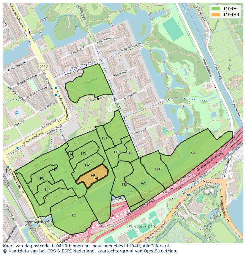 Afbeelding van het postcodegebied 1104 HR op de kaart.