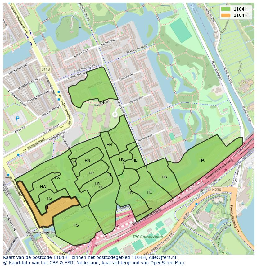 Afbeelding van het postcodegebied 1104 HT op de kaart.