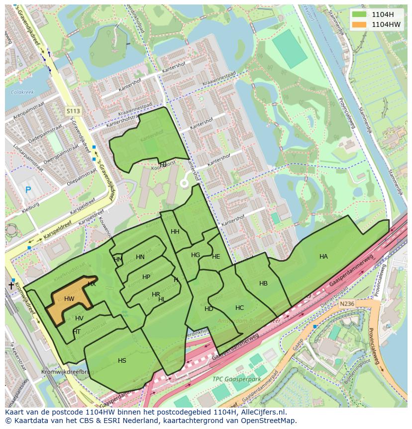 Afbeelding van het postcodegebied 1104 HW op de kaart.