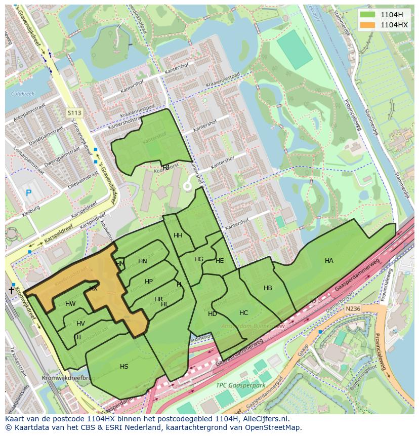 Afbeelding van het postcodegebied 1104 HX op de kaart.