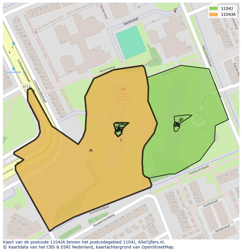 Afbeelding van het postcodegebied 1104 JA op de kaart.