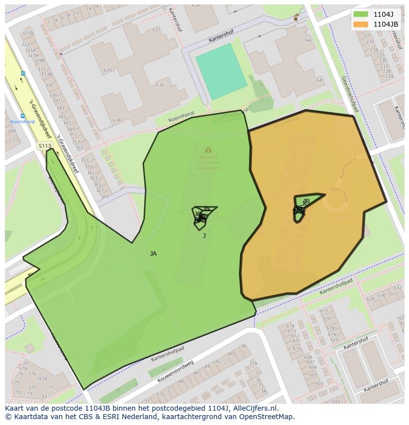 Afbeelding van het postcodegebied 1104 JB op de kaart.