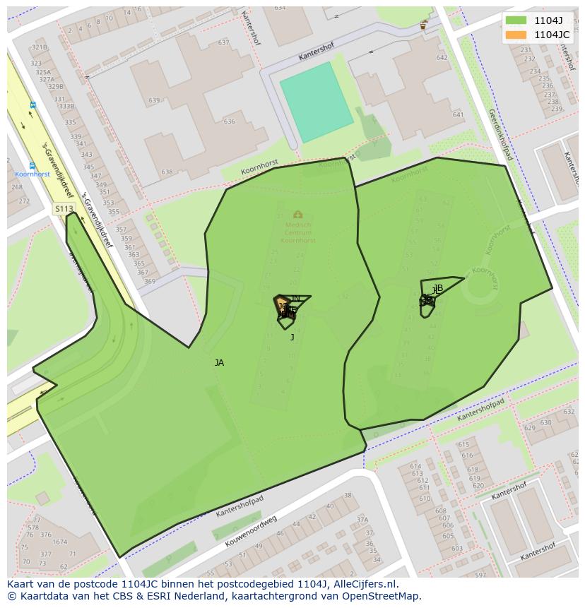 Afbeelding van het postcodegebied 1104 JC op de kaart.