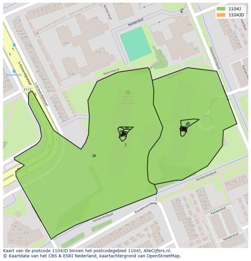 Afbeelding van het postcodegebied 1104 JD op de kaart.