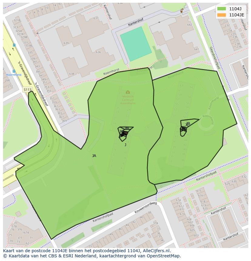 Afbeelding van het postcodegebied 1104 JE op de kaart.