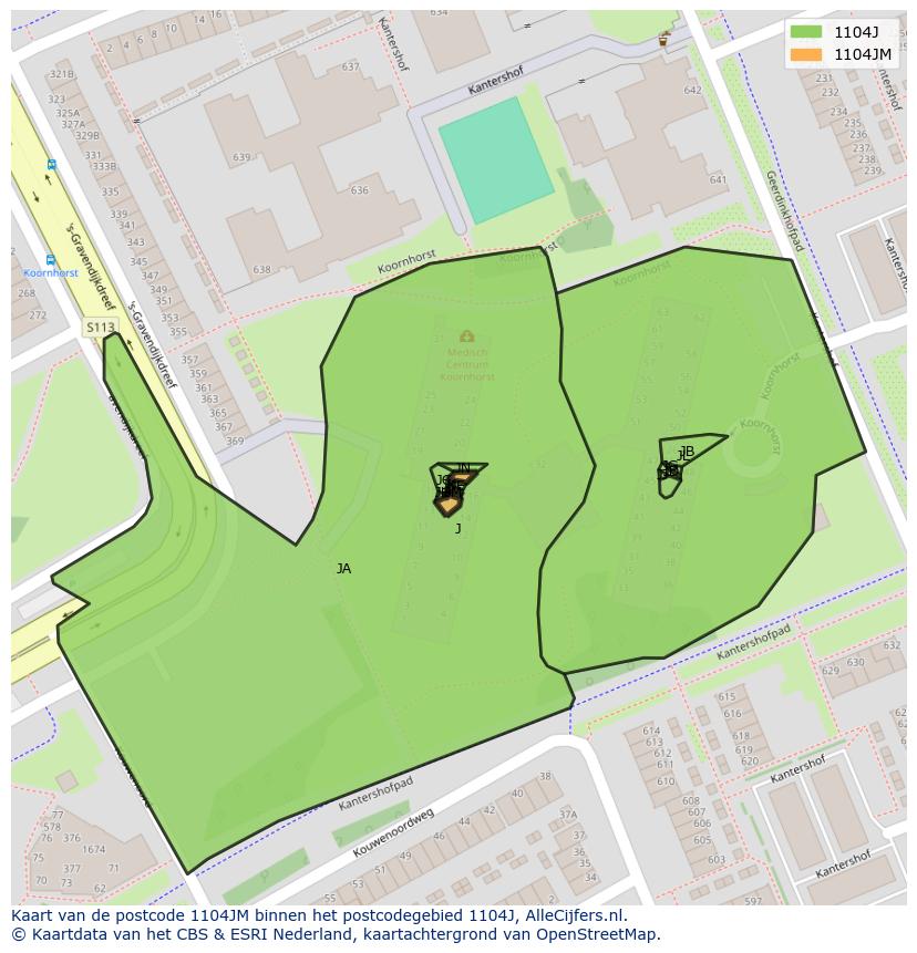 Afbeelding van het postcodegebied 1104 JM op de kaart.