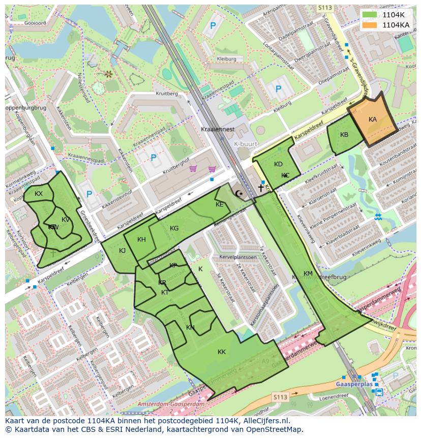 Afbeelding van het postcodegebied 1104 KA op de kaart.